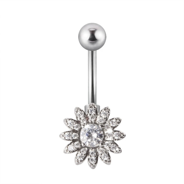 Navel Ring Stainless Steel Copper Inlaid Zircon Heart Shaped Flower Unisex Fashion Piercing Ornament