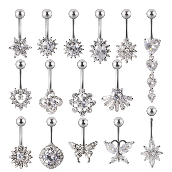 Navel Ring Stainless Steel Copper Inlaid Zircon Heart Shaped Flower Unisex Fashion Piercing Ornament