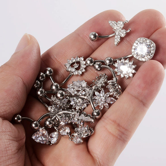 Navel Ring Stainless Steel Copper Inlaid Zircon Heart Shaped Flower Unisex Fashion Piercing Ornament