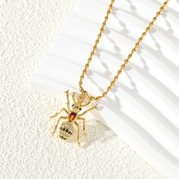 Neck Jewelry Stainless Steel Insect Pendant Necklace With Mixed Gemstone Setting And Electroplating For Women