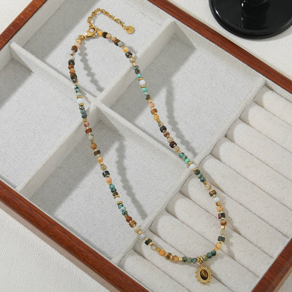 Necklace African Pine Crazy Agate Stainless Steel Geometric Vintage Dripping Oil