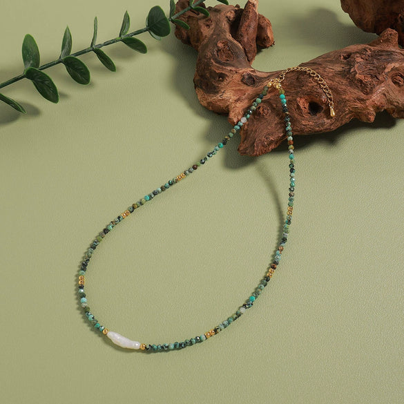 Necklace African Turquoise Freshwater Pearl Stainless Steel Geometric Handmade Light Luxury