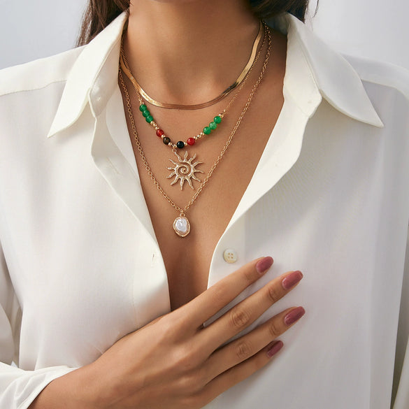 Necklace Agate Stone Metal Beaded Star Pendant Snake Bone Chain Ins Minimalist Style Electroplating