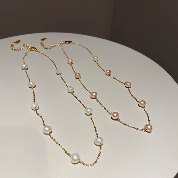 Necklace Alloy Freshwater Pearl Geometric Ball Chain Gold Electroplated