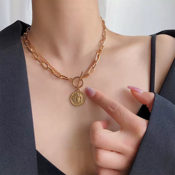 Necklace Alloy Geometric Electroplating Irregular Round Head Pendant Women Double Layer Simple