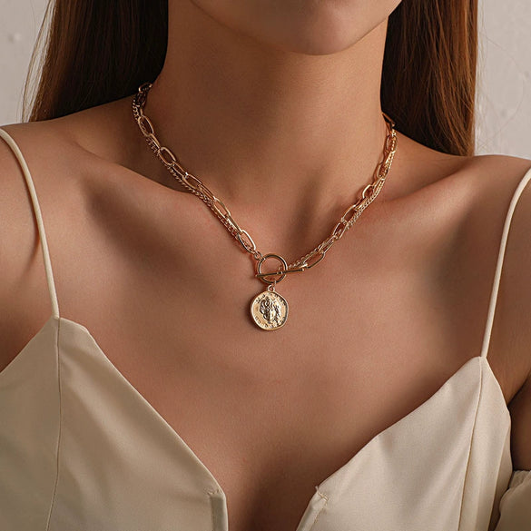 Necklace Alloy Geometric Electroplating Irregular Round Head Pendant Women Double Layer Simple