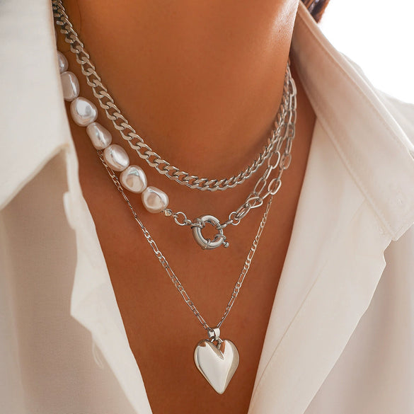 Necklace Alloy Heart Shaped Electroplated Love Stacked Women's Fashion Imitation Pearl Chain