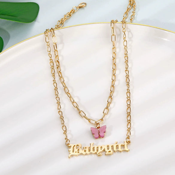 Necklace Alloy Mixed Gem Inlay Bamboo Chain Butterfly English Letter Gothic Sweet Style