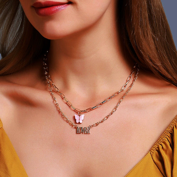 Necklace Alloy Mixed Gem Inlay Bamboo Chain Butterfly English Letter Gothic Sweet Style