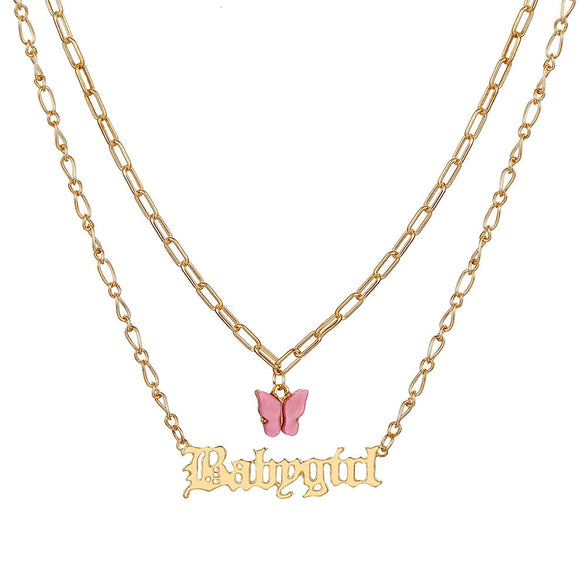 Necklace Alloy Mixed Gem Inlay Bamboo Chain Butterfly English Letter Gothic Sweet Style