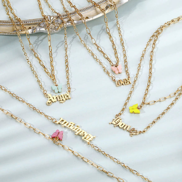 Necklace Alloy Mixed Gem Inlay Bamboo Chain Butterfly English Letter Gothic Sweet Style