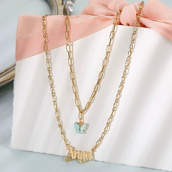 Necklace Alloy Mixed Gem Inlay Bamboo Chain Butterfly English Letter Gothic Sweet Style
