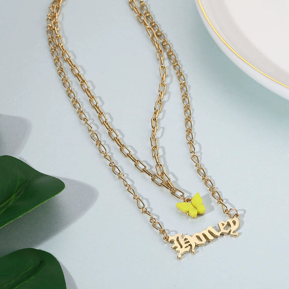Necklace Alloy Mixed Gem Inlay Bamboo Chain Butterfly English Letter Gothic Sweet Style