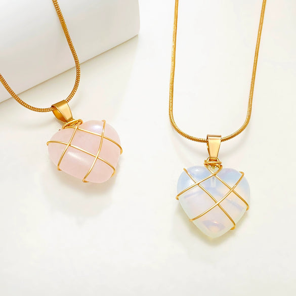 Necklace Alloy Pink Crystal Opal Heart Shaped Electroplated Clavicle Chain For Girls