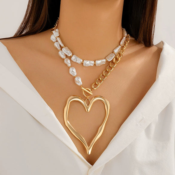 Necklace Aluminum Chain Imitation Pearl Alloy Heart Electroplating Women's