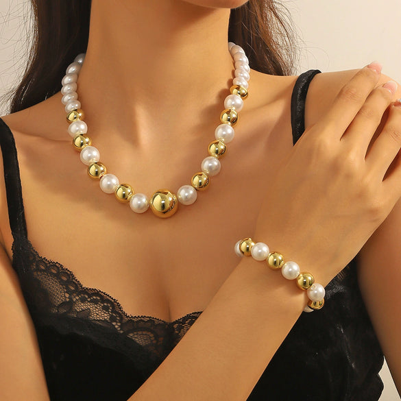 Necklace And Bracelet Set Plastic Resin Organic Glass Pearl Chain Love Water Drops Bell Pattern Punk Style Electroplated Peach Heart Pendant