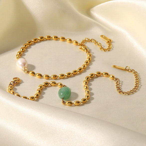 Necklace And Bracelet Stainless Steel Titanium Steel Freshwater Pearl Oval Round Bead Geometric Ball Chain Electroplated