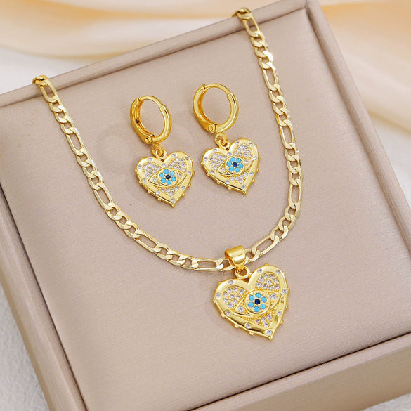 Necklace And Earrings Set Copper Devil's Eye Heart Shape Diamondencrusted Light Luxury Women's Accessories
