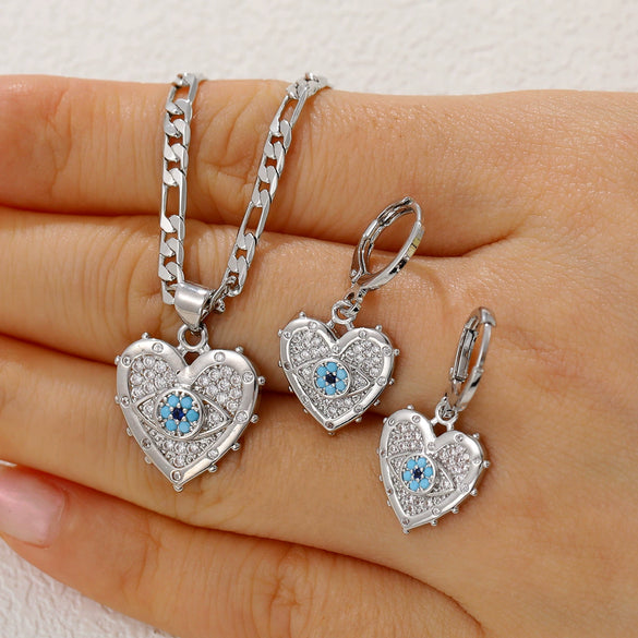 Necklace And Earrings Set Copper Devil's Eye Heart Shape Diamondencrusted Light Luxury Women's Accessories