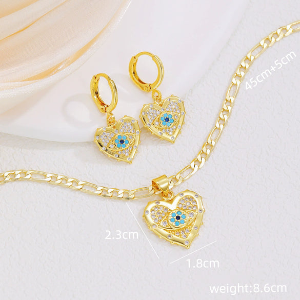 Necklace And Earrings Set Copper Devil's Eye Heart Shape Diamondencrusted Light Luxury Women's Accessories