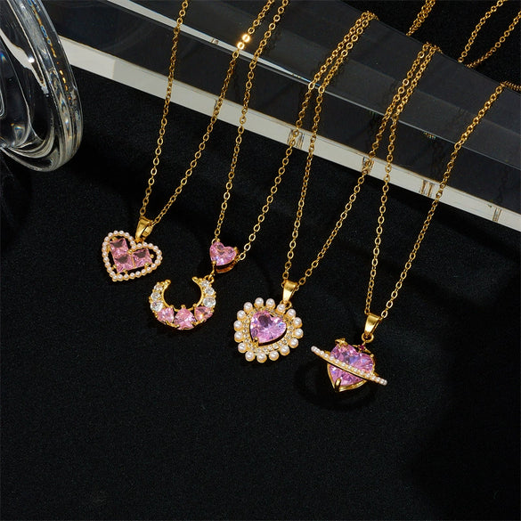 Necklace And Ring Accessories For Women Copper Electroplated With Mixed Gem Inlay Titanium Steel Love Pendant And Planet Design