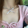 Necklace Artificial Crystal Alloy Heart Bow Handmade Women's Sweet Temperament Clavicle Chain