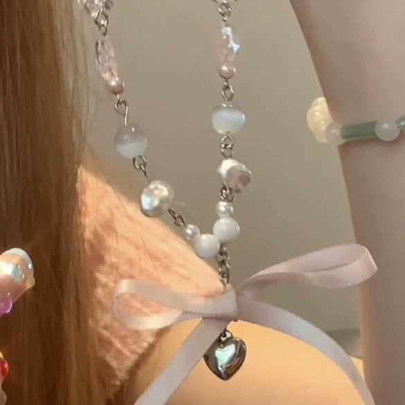 Necklace Artificial Crystal Alloy Heart Bow Handmade Women's Sweet Temperament Clavicle Chain