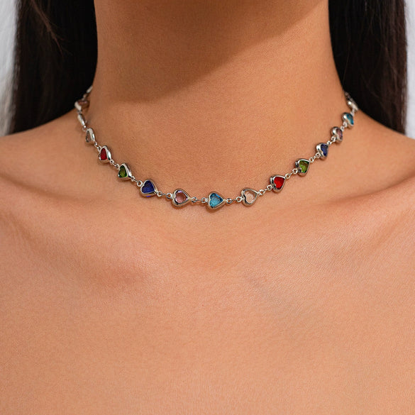 Necklace Artificial Crystal Clavicle Chain Square Peach Heart Geometric Vintage Style