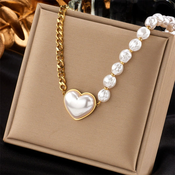 Necklace Beaded Chain Spliced With Pearlescent Love Pearls Titanium Steel Metal Geometric Punk Electroplated