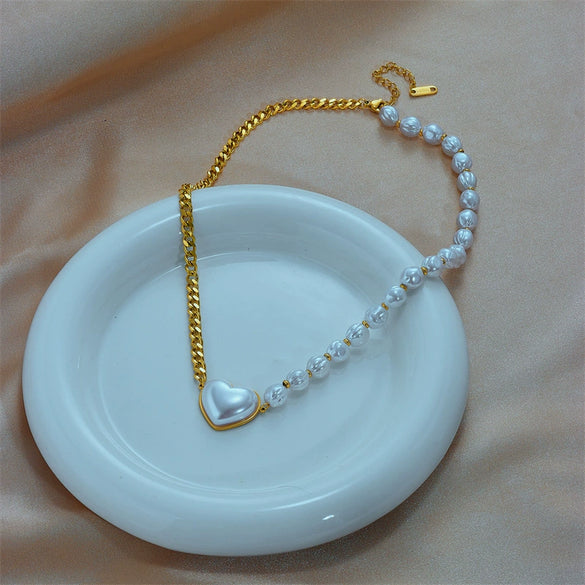 Necklace Beaded Chain Spliced With Pearlescent Love Pearls Titanium Steel Metal Geometric Punk Electroplated