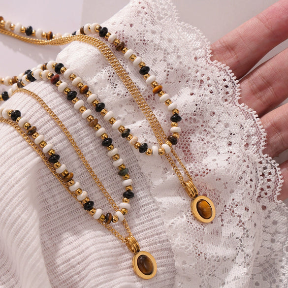 Necklace Beaded Natural Stone Geometric Pattern Agate Pendant Handmade Titanium Steel Clavicle Chain