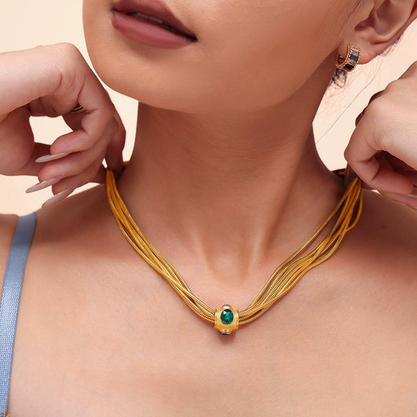 Necklace Bracelet Set 316L Stainless Steel Rhinestone Gold Plated Multilayer Chain Light Luxury Fashion