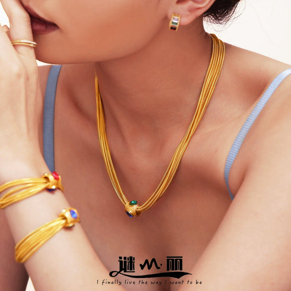 Necklace Bracelet Set 316L Stainless Steel Rhinestone Gold Plated Multilayer Chain Light Luxury Fashion