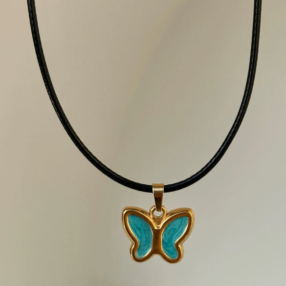 Necklace Butterfly Real Opal Mixed Gemstone Setting Titanium Steel Insect Pattern