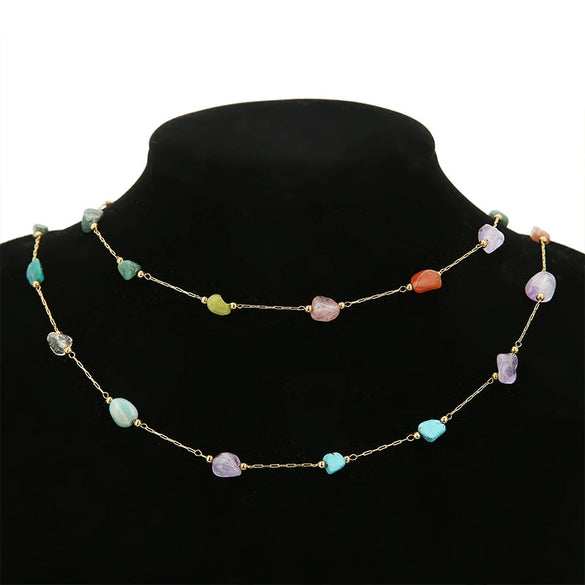 Necklace Chain Oval Natural Stone Stainless Steel Golden Bead Electroplating Handmade