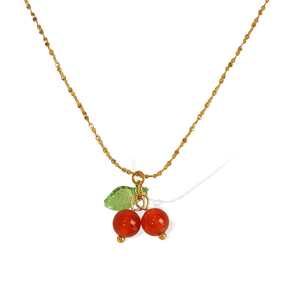 Necklace Cherry Fruit Red Chalcedony 316L Stainless Steel Electroplated Women's Fashion Ol Style