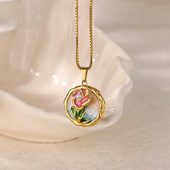 Necklace Clavicle Chain Stainless Steel Geometric Style Electroplating String Of Pearls For Women
