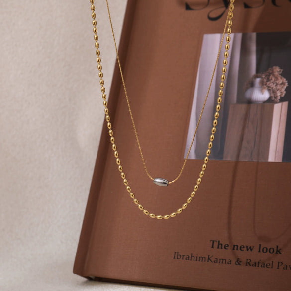 Necklace Clavicle Chain Stainless Steel Titanium Steel Doublelayer Contrasting Color Barrel Bead Electroplating