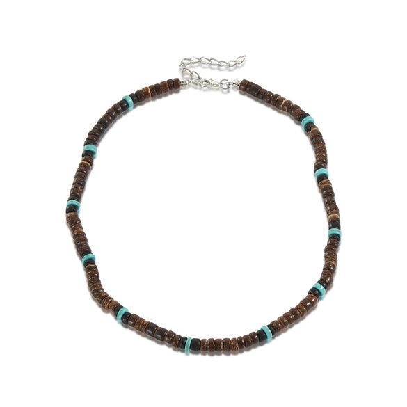 Necklace Coconut Shell Wooden Beads Turquoise Geometric Handmade Men's