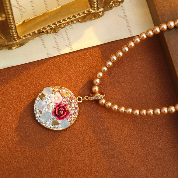 Necklace Copper Alloy Pearl Geometric Microinlaid Zircon Electroplating Rose Flower Oil Painting Ceramic Clay Threedimensional Woolen Chain For Women