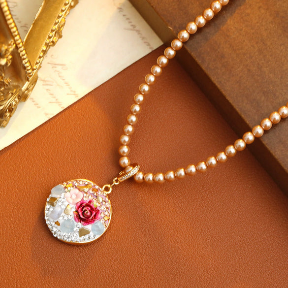 Necklace Copper Alloy Pearl Geometric Microinlaid Zircon Electroplating Rose Flower Oil Painting Ceramic Clay Threedimensional Woolen Chain For Women