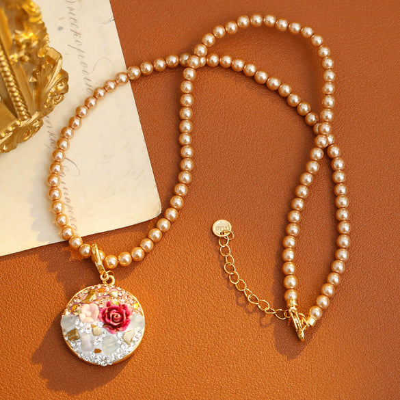 Necklace Copper Alloy Pearl Geometric Microinlaid Zircon Electroplating Rose Flower Oil Painting Ceramic Clay Threedimensional Woolen Chain For Women