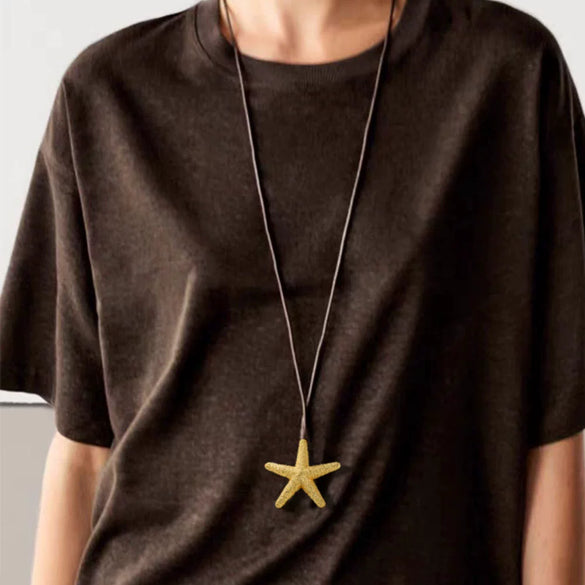 Necklace Copper Brass Animal Zodiac Inlaid With Gold Conch Starfish Ocean Pendant Leather Rope