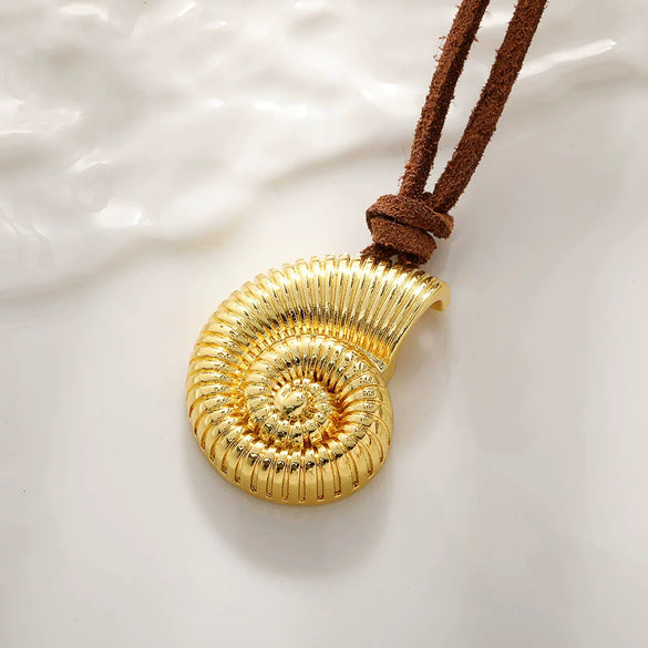 Necklace Copper Brass Animal Zodiac Inlaid With Gold Conch Starfish Ocean Pendant Leather Rope