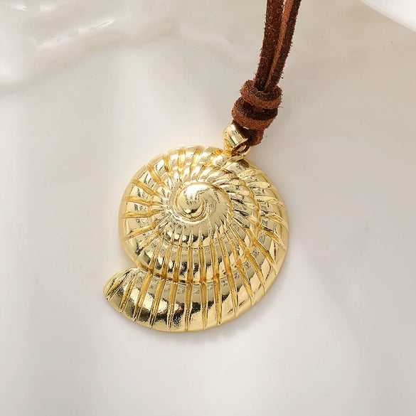 Necklace Copper Brass Animal Zodiac Inlaid With Gold Conch Starfish Ocean Pendant Leather Rope