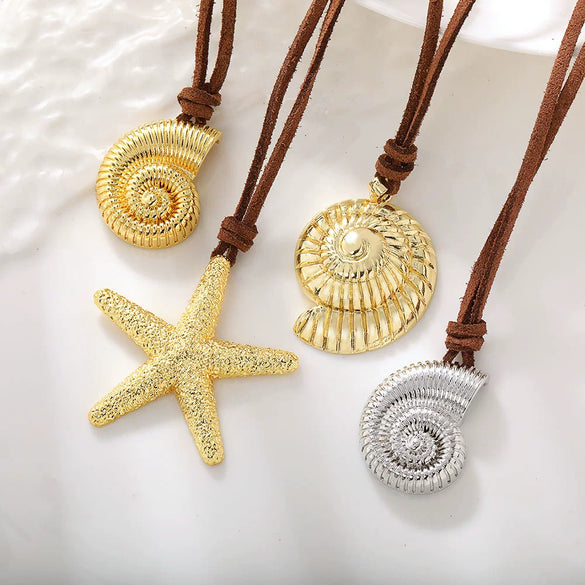 Necklace Copper Brass Animal Zodiac Inlaid With Gold Conch Starfish Ocean Pendant Leather Rope