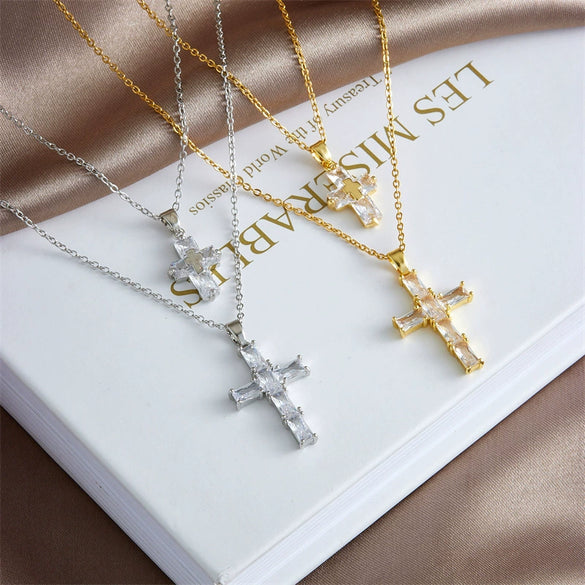 Necklace Copper Geometric Double Cross Pendant Mixed Gem Inlay Electroplating For Women