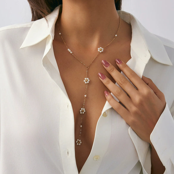 Necklace Copper Geometric Electroplating Y Shape Imitation Pearl Tassel Sexy