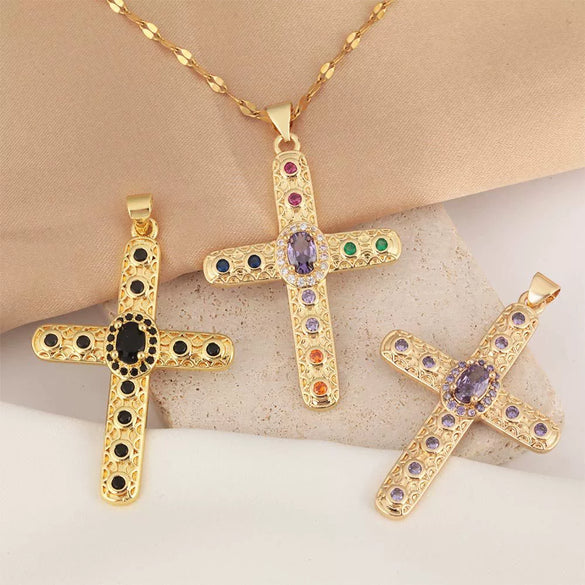 Necklace Copper Gold Plated Micro Inlay Color Zircon Geometric Cross Pendant Creative Fashion