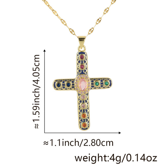 Necklace Copper Gold Plated Micro Inlay Color Zircon Geometric Cross Pendant Creative Fashion